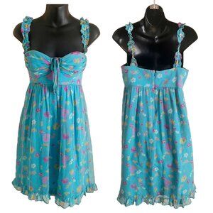 Vintage BETSEY JOHNSON blue sky floral sleeveless midi silk dress.